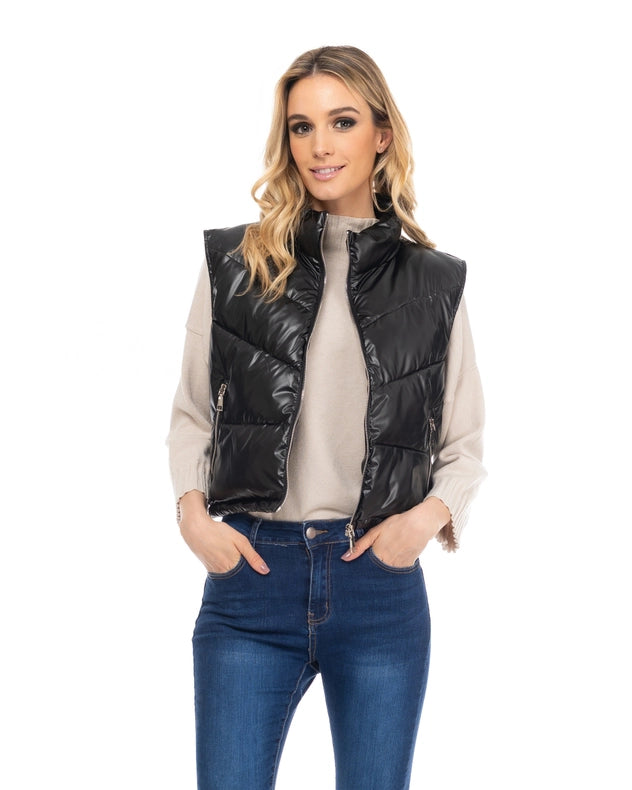 Metallic Padded Short Vest With Zip And Front Pockets