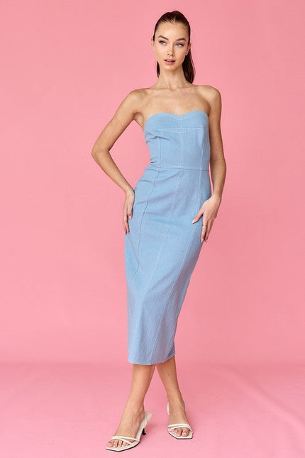 Mia Strapless Denim Midi Dress Blue-Dress-Papermoon-S-Urbanheer