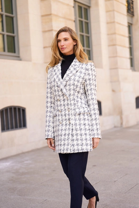 Mid-Length Fitted Grey Houndstooth Jacket