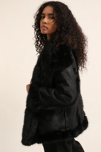 Mid-Length Leather and Synthetic Fur Coat Black