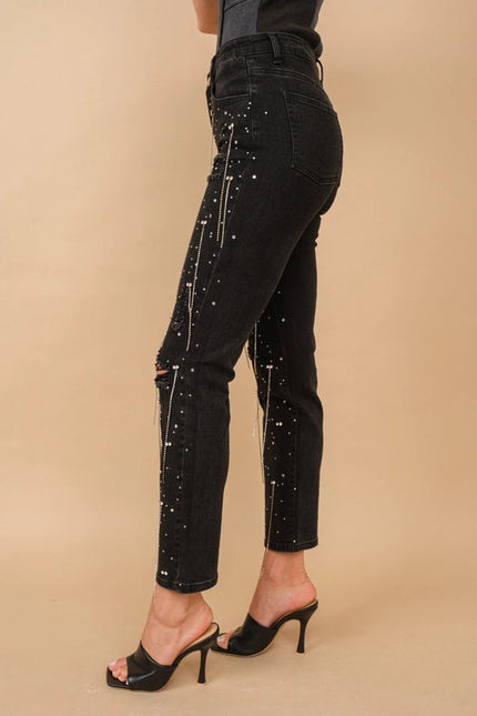 Mid Rise Rhinestone Fringe Denim Jeans Black