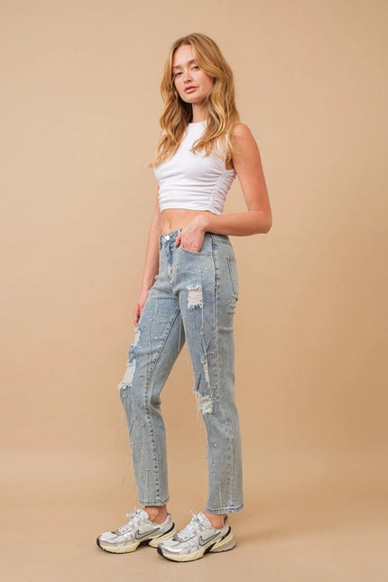 Mid Rise Rhinestone Fringe Denim Jeans Light Wash