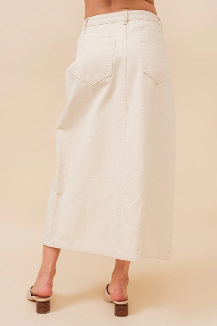 Mid Rise Stretch Midi Denim Skirt IVORY