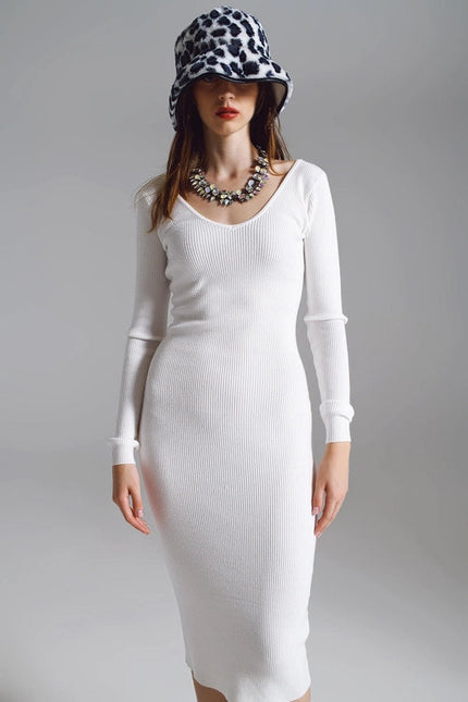 Midi Bodycon Knitted Dress With V-Neck In White