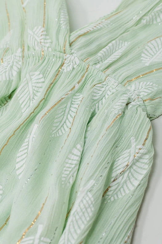 Midi Halter Dress in Mint Leaf Print with Lurex Details