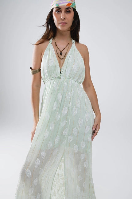 Midi Halter Dress in Mint Leaf Print with Lurex Details