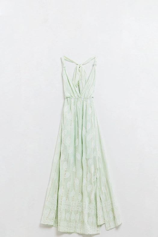 Midi Halter Dress in Mint Leaf Print with Lurex Details