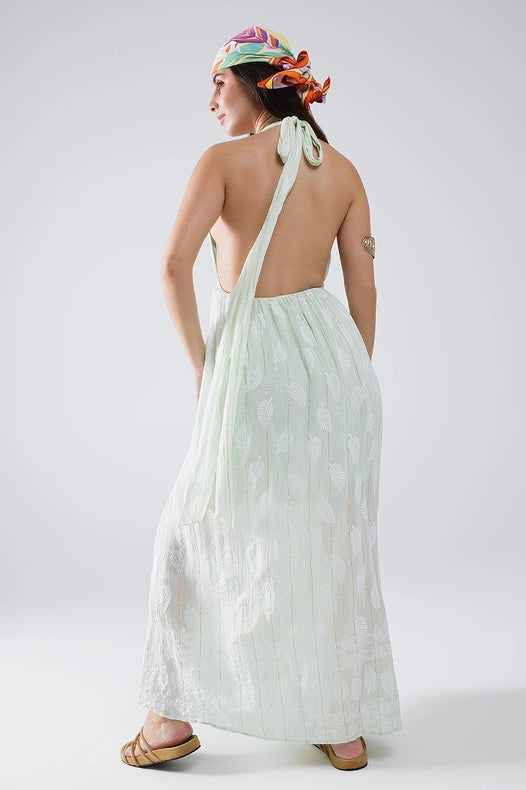 Midi Halter Dress in Mint Leaf Print with Lurex Details