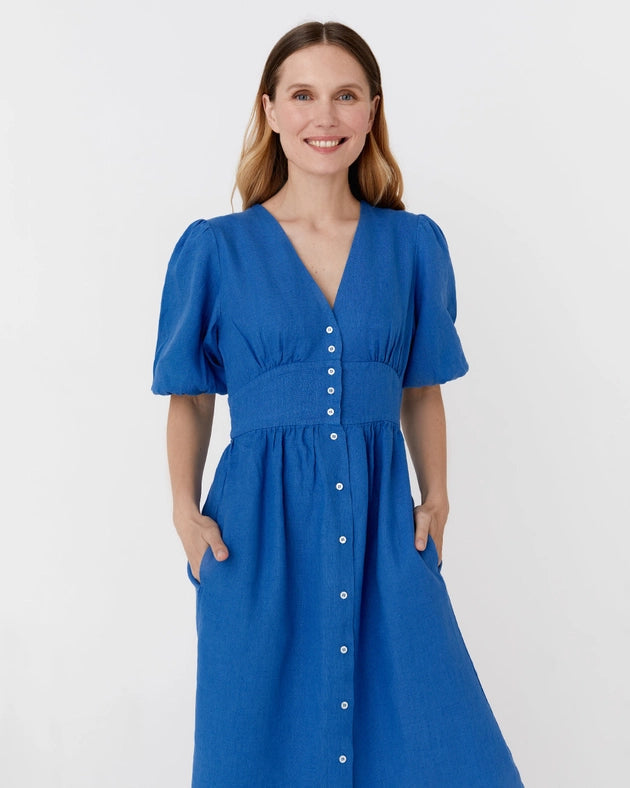 Midi Linen Dress Modica in Cobalt Blue