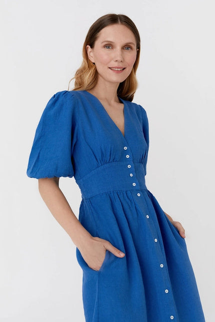 Midi Linen Dress Modica in Cobalt Blue