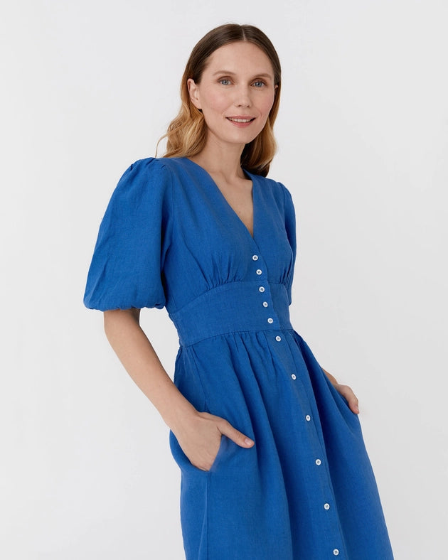 Midi Linen Dress Modica in Cobalt Blue