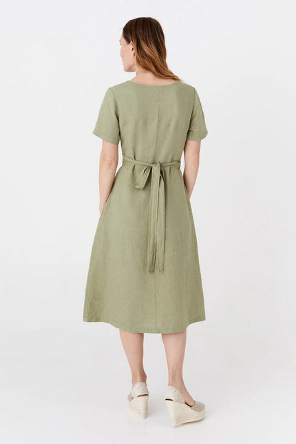 Midi Wrap Linen Dress Manila in Sage