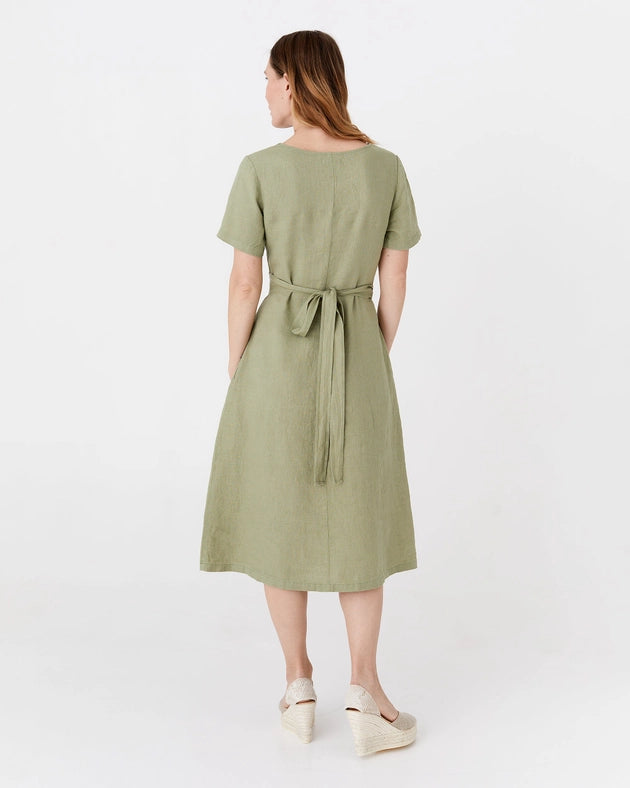 Midi Wrap Linen Dress Manila in Sage