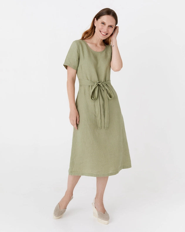 Midi Wrap Linen Dress Manila in Sage