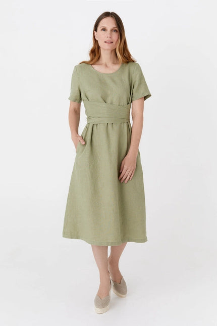 Midi Wrap Linen Dress Manila in Sage