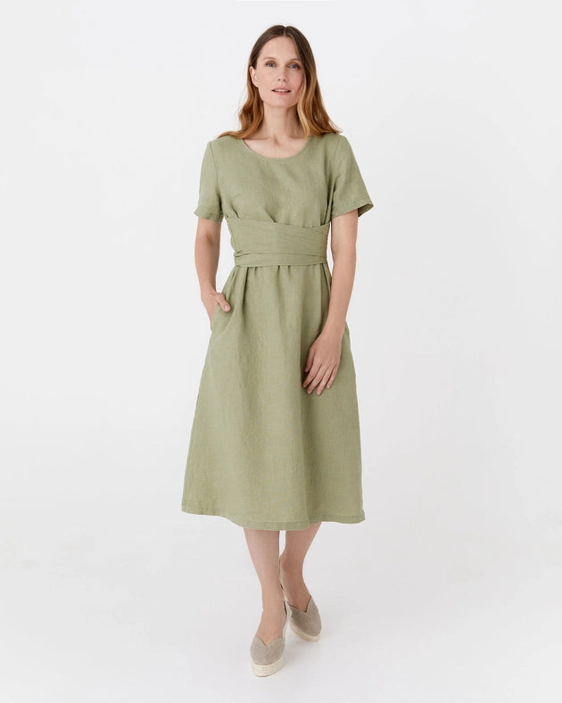 Midi Wrap Linen Dress Manila in Sage