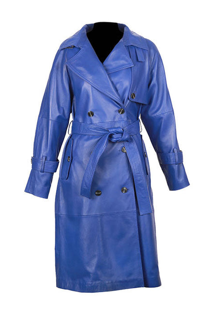 Milly Women's Leather Double Breasted Long Coat Blue-0