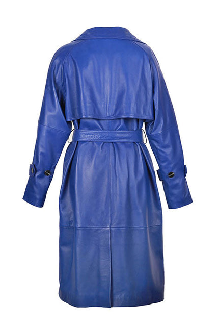 Milly Women's Leather Double Breasted Long Coat Blue-1