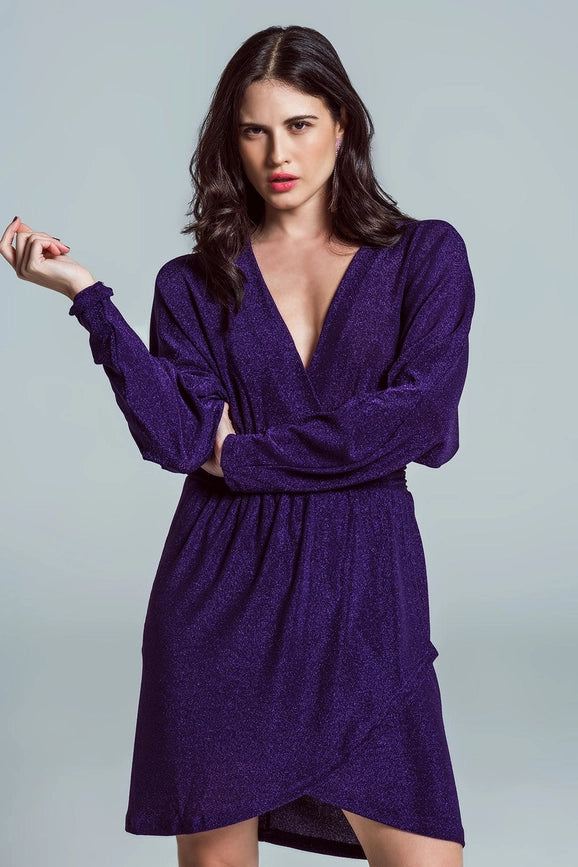 Mini Length Glitter Dress with Deep V Neck in Purple