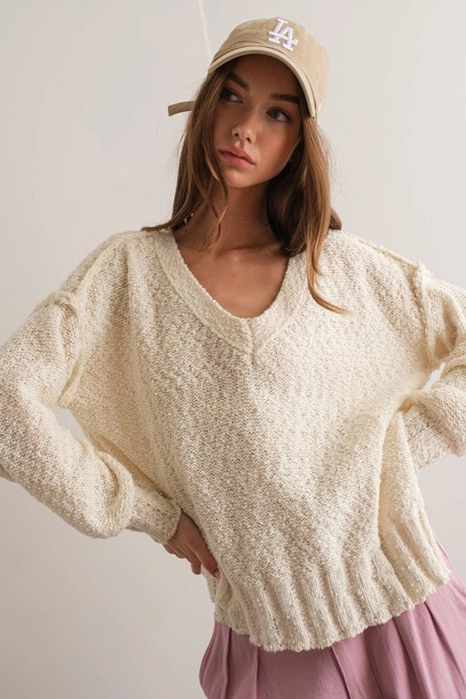 Miriam Loose Fit V-Neck Balloon Sleeve Sweater Knit CREAM