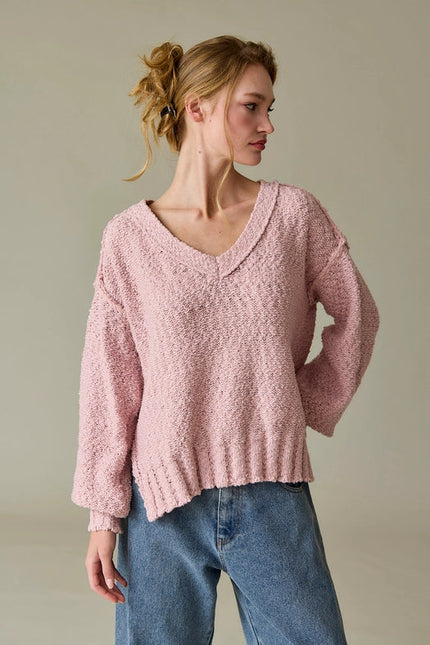 Miriam Loose Fit V-Neck Balloon Sleeve Sweater Knit Pink