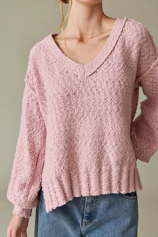 Miriam Loose Fit V-Neck Balloon Sleeve Sweater Knit Pink