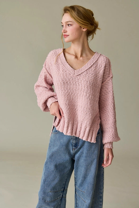 Miriam Loose Fit V-Neck Balloon Sleeve Sweater Knit Pink