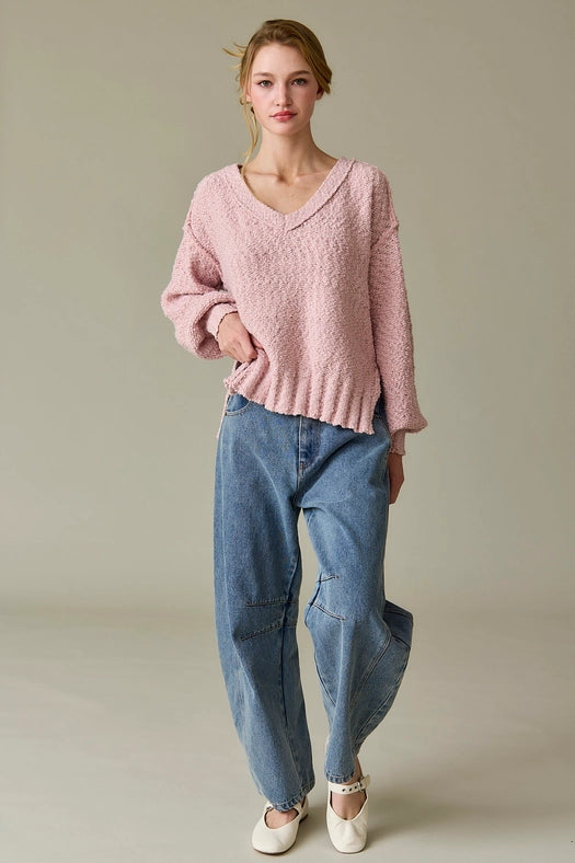 Miriam Loose Fit V-Neck Balloon Sleeve Sweater Knit Pink