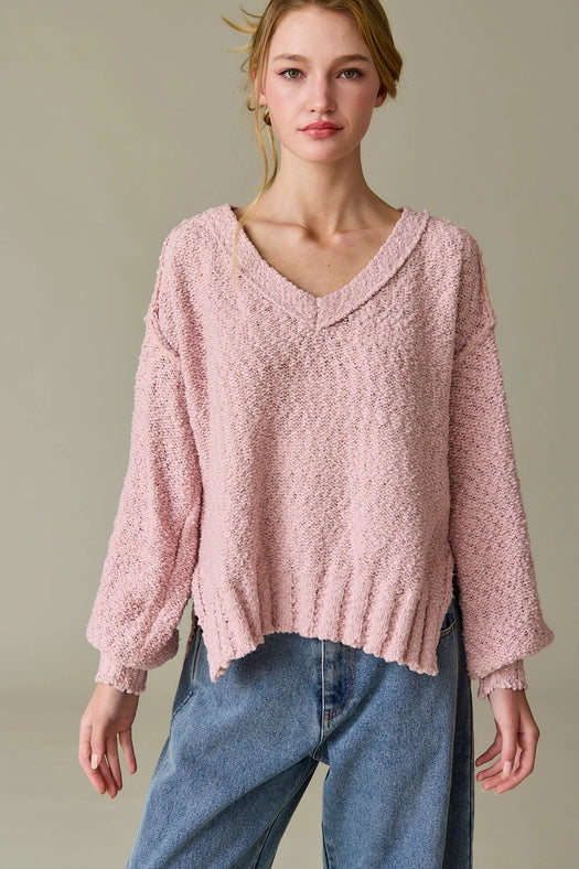 Miriam Loose Fit V-Neck Balloon Sleeve Sweater Knit Pink