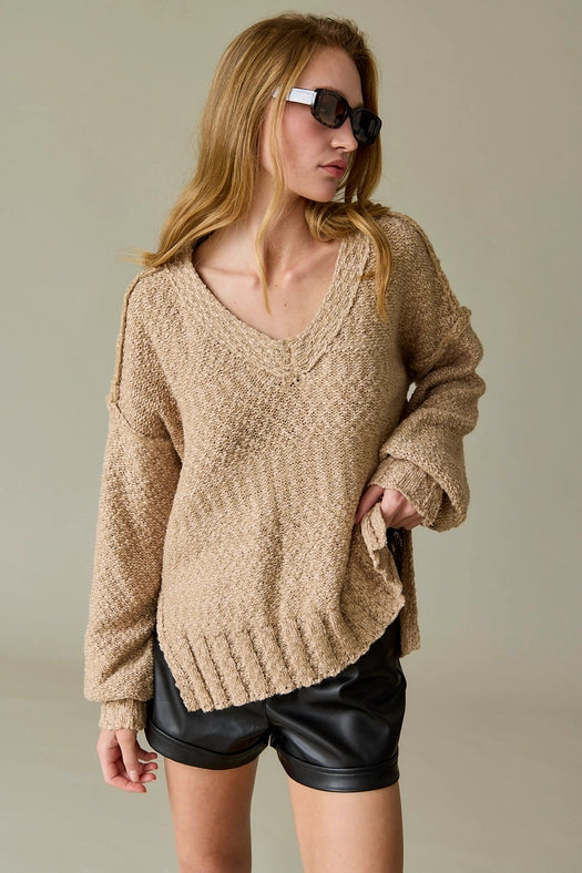 Miriam Loose Fit V-Neck Balloon Sleeve Sweater Knit TAUPE