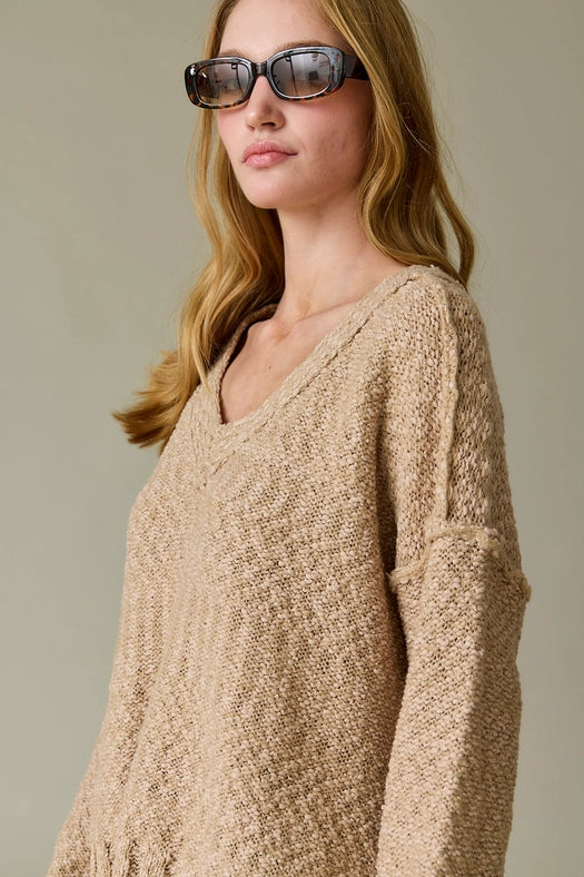 Miriam Loose Fit V-Neck Balloon Sleeve Sweater Knit TAUPE