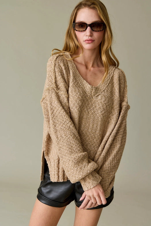 Miriam Loose Fit V-Neck Balloon Sleeve Sweater Knit TAUPE