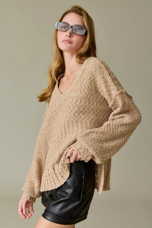 Miriam Loose Fit V-Neck Balloon Sleeve Sweater Knit TAUPE