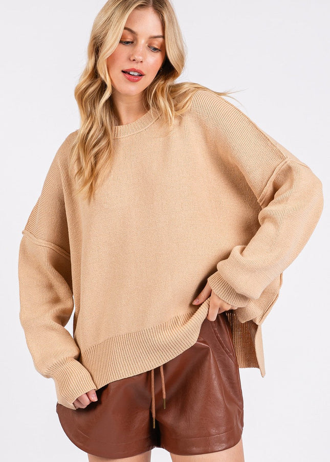 Mittoshop Side Slit Round Neck Drop Shoulder Sweater