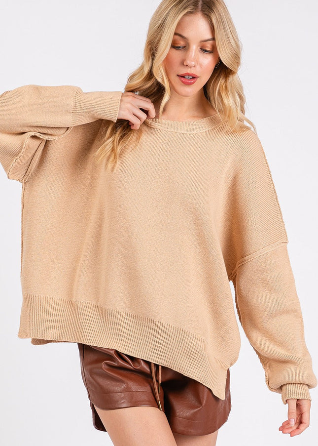 Mittoshop Side Slit Round Neck Drop Shoulder Sweater