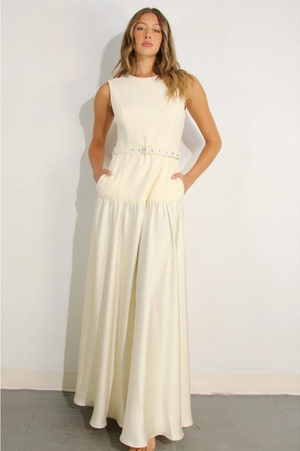 Mixed Fabric Belted Maxi Dress CREAM