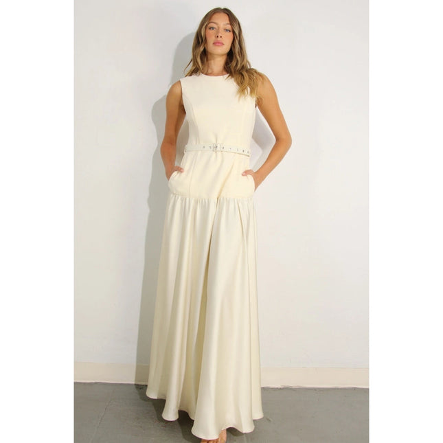 Mixed Fabric Belted Maxi Dress CREAM