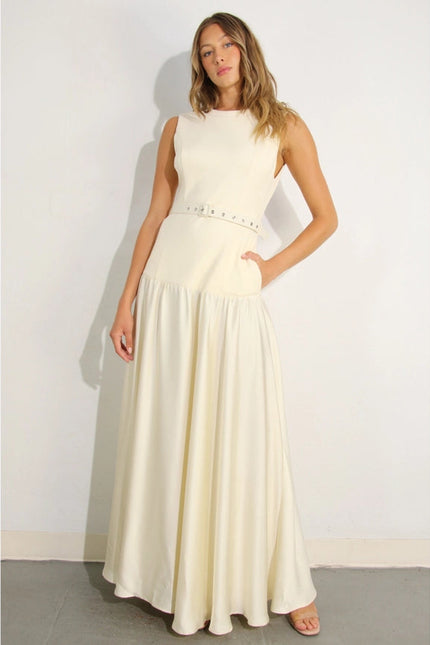 Mixed Fabric Belted Maxi Dress CREAM