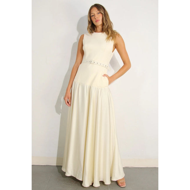 Mixed Fabric Belted Maxi Dress CREAM