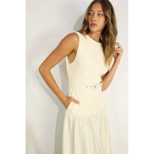 Mixed Fabric Belted Maxi Dress CREAM