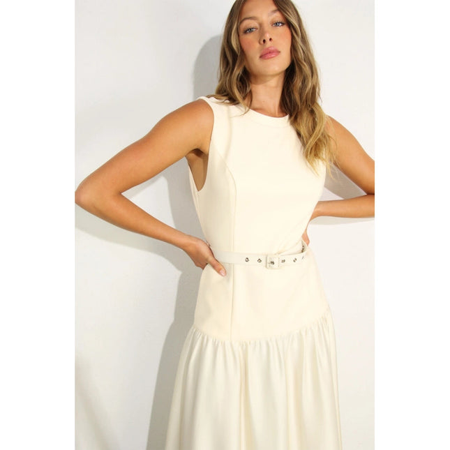 Mixed Fabric Belted Maxi Dress CREAM