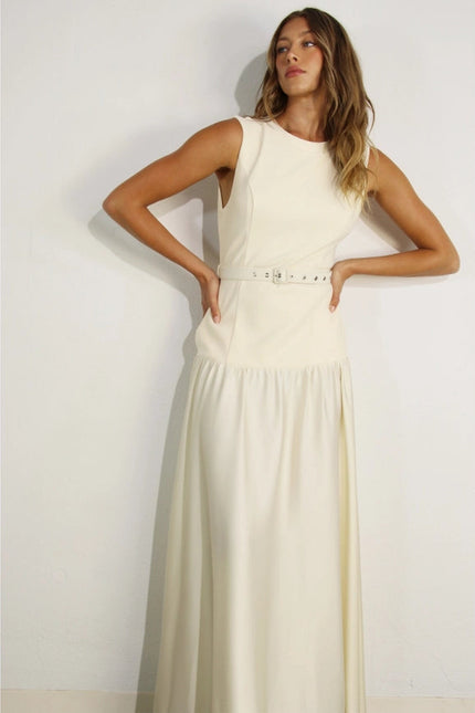 Mixed Fabric Belted Maxi Dress CREAM