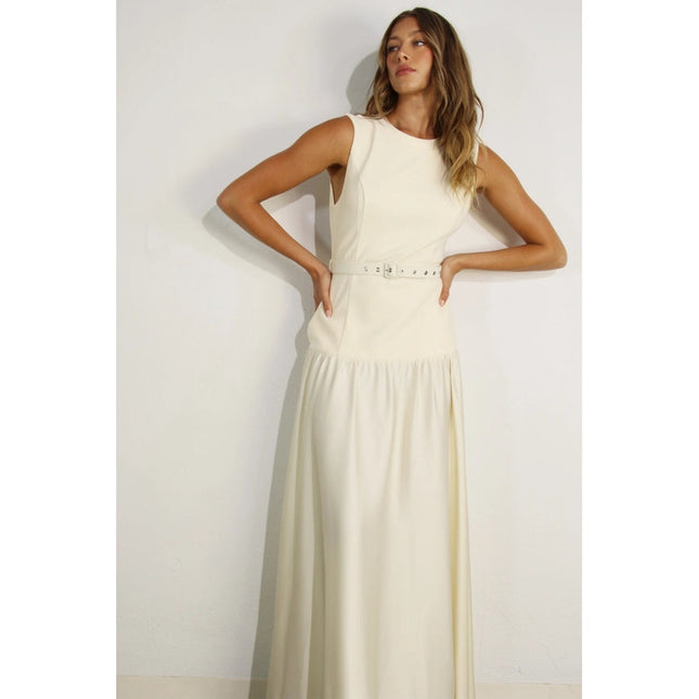 Mixed Fabric Belted Maxi Dress CREAM