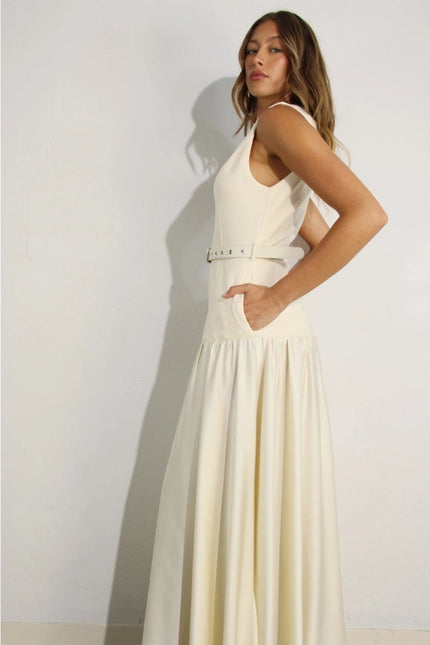 Mixed Fabric Belted Maxi Dress CREAM