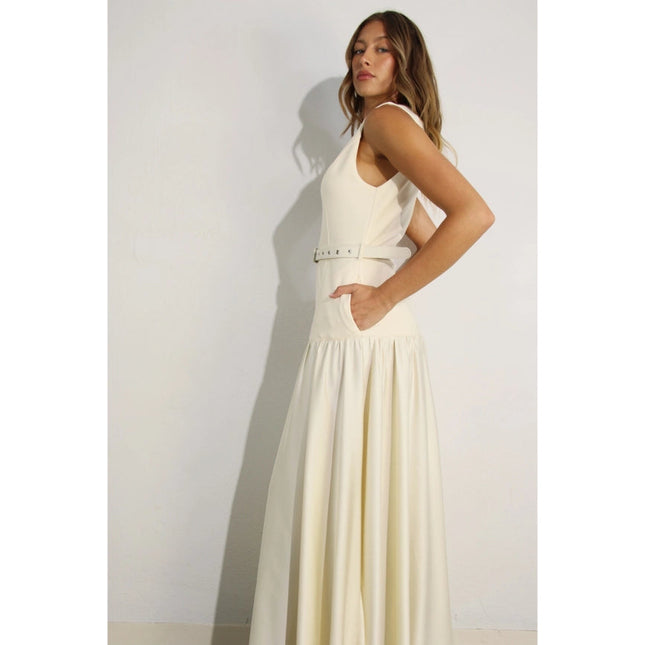 Mixed Fabric Belted Maxi Dress CREAM