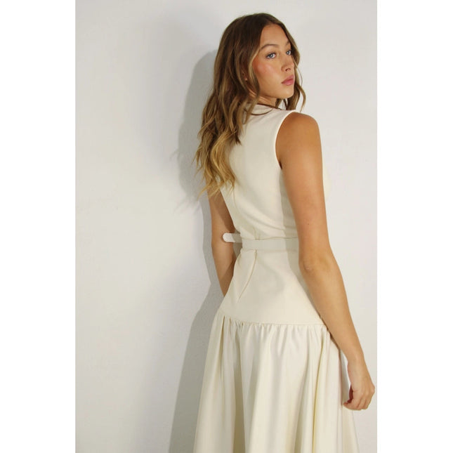 Mixed Fabric Belted Maxi Dress CREAM