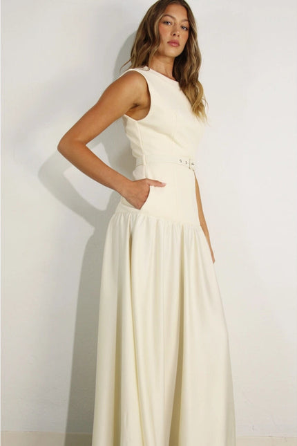 Mixed Fabric Belted Maxi Dress CREAM