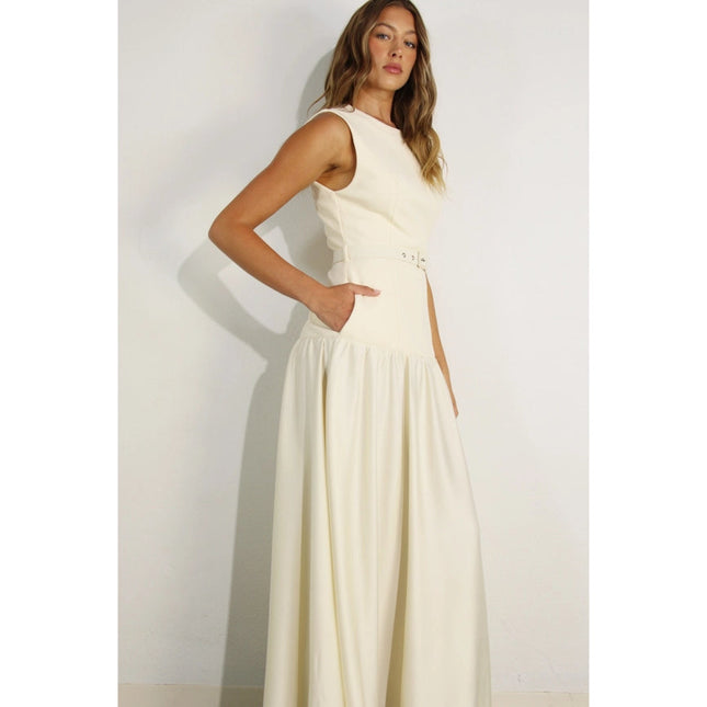 Mixed Fabric Belted Maxi Dress CREAM