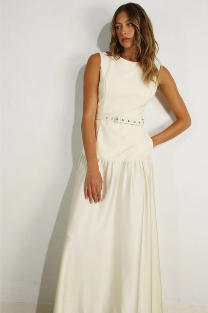 Mixed Fabric Belted Maxi Dress CREAM