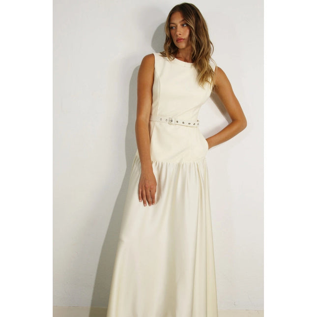 Mixed Fabric Belted Maxi Dress CREAM